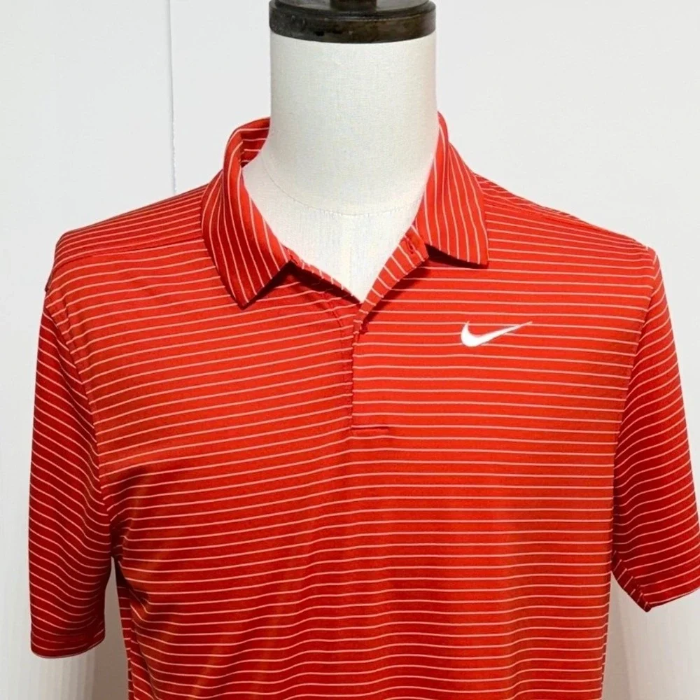 Nike Shirt Mens Medium Orange Striped Dri-Fit Performance Short‎ Sleeve Polo